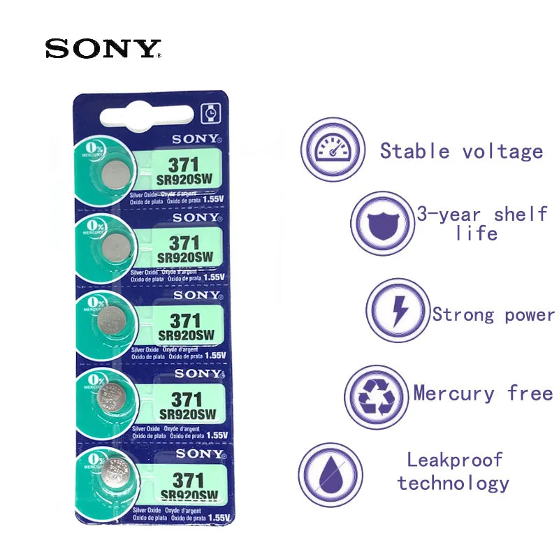 5pcs Sony 100 Original 371 SR920SW 920 LR920 AG6 LR920 LR69 171 1.55V Silver Oxide Watch Battery Watch Battery MADE IN JAPAN
5pcs Sony 100 Original 371 SR920SW 920 LR920 AG6 LR920 LR69 171 1.55V Silver Oxide Watch Battery Watch Battery MADE IN JAPAN