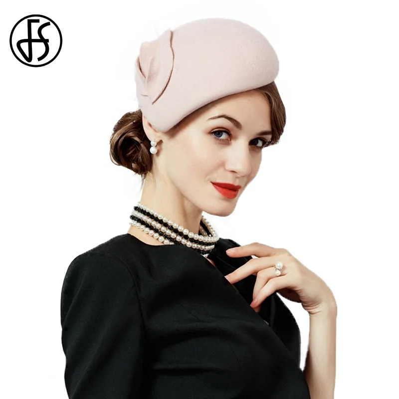 

FS 2023 Elegant Fascinator Derby Hats Women Wool Pillbox Hat Black Pink Ladies Female Vintage Church Felt Fedoras For Wedding