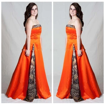 Strapless A-Line Satin Camo Prom Dresses Sweep Train Camouflage Orange Satin Lace Up Back Bridesmaid Party Gowns Custom Made
Strapless A-Line Satin Camo Prom Dresses Sweep Train Camouflage Orange Satin Lace Up Back Bridesmaid Party Gowns Custom Made