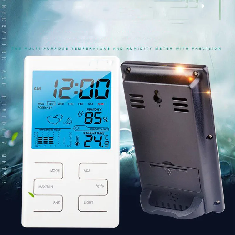 LCD Digital Thermometer Indoor Hygrometer Room Temperature Humidity Meter Clock Weather Forecast Maximum And Minimum Display
LCD Digital Thermometer Indoor Hygrometer Room Temperature Humidity Meter Clock Weather Forecast Maximum And Minimum Display