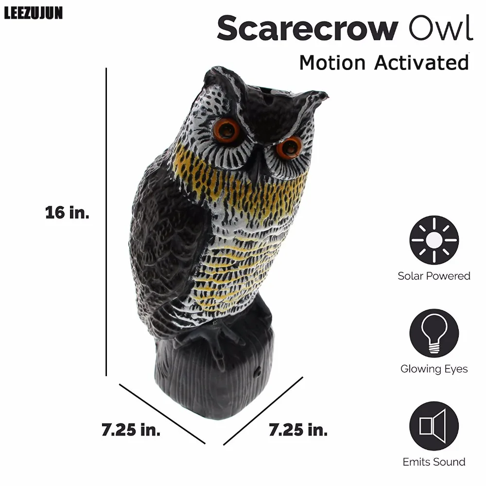 Image Realistic Owl Scarecrow with Flashing Eyes and Frightening Sound   Solar Powered and Motion Activated  Frightens Birds and Pest