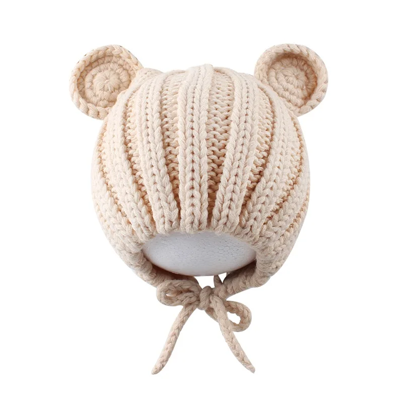 Korean Cute Baby Beanie Hat Knitted Fashion Girls Hat With Ears Lovely Lace Up Boys Hat Warm Autumn Toddler Hat Baby Accessories (2)