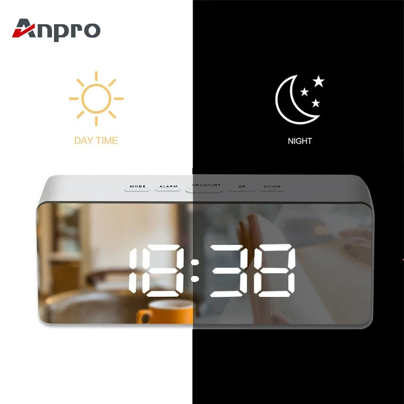 Anpro LED Mirror Alarm Clock with Dimmer Snooze Temperature Function for Bedroom Office Travel Digital Home Decoration Clock
Anpro LED Mirror Alarm Clock with Dimmer Snooze Temperature Function for Bedroom Office Travel Digital Home Decoration Clock