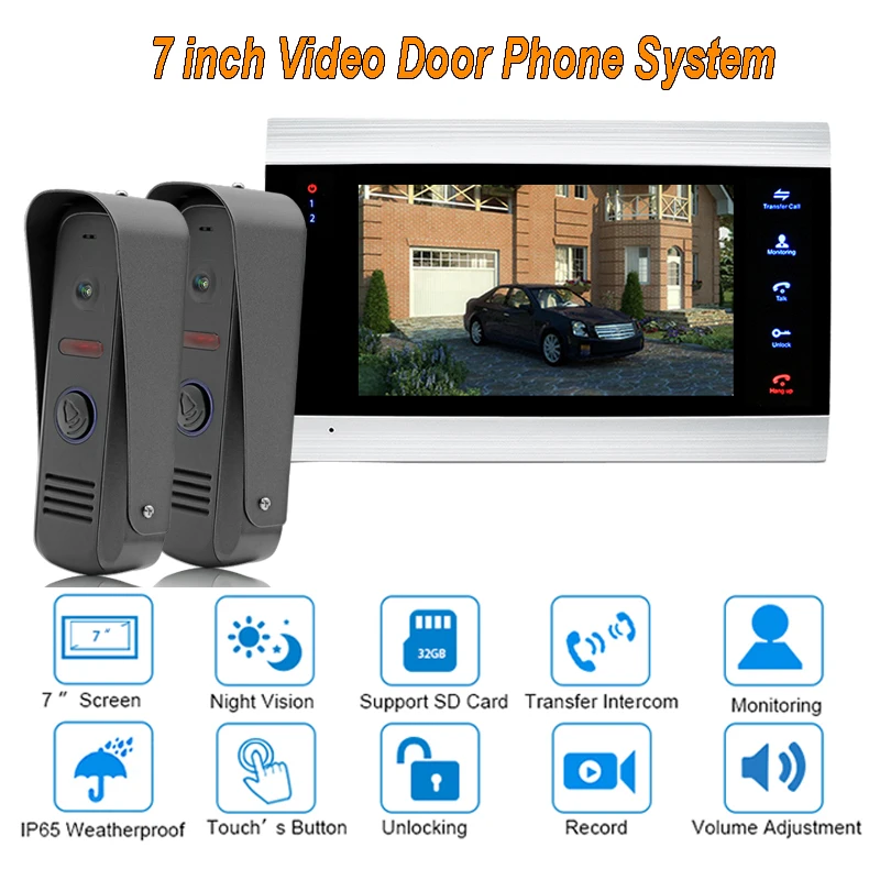 

new 7" TFT 1200TVL Video Door Phone Doorbell Intercom System Home Security Camera Monitor with ip65 Rainproof 2 V 1