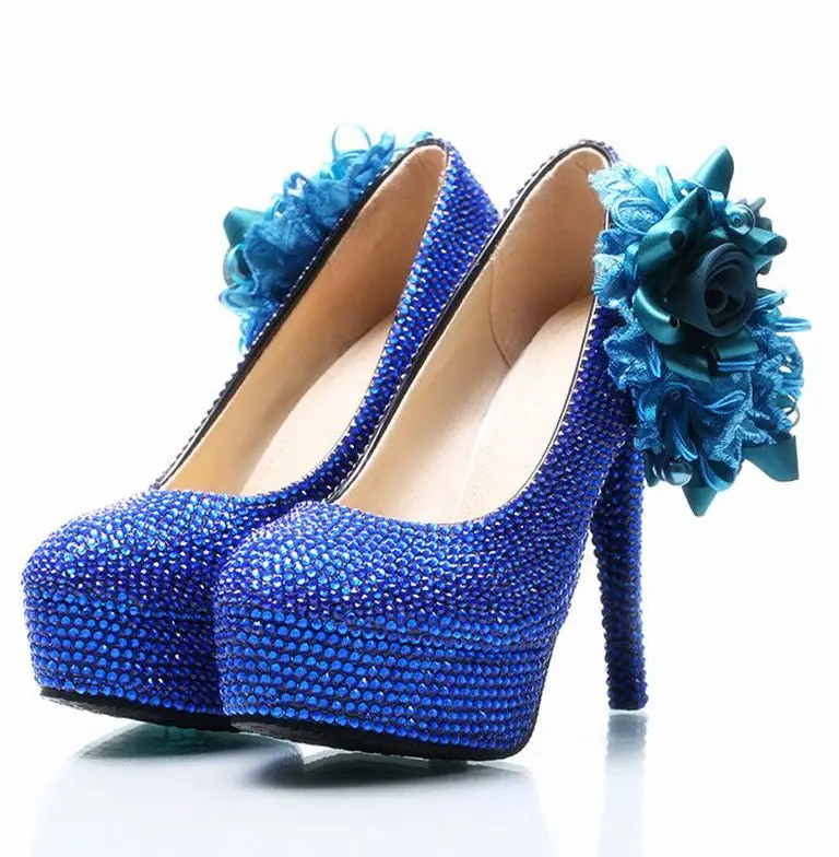 

Crystal flowers royal blue super heeled pumps shoes woman platforms comfortable luxury handmade plus size HS143 lady party shoe