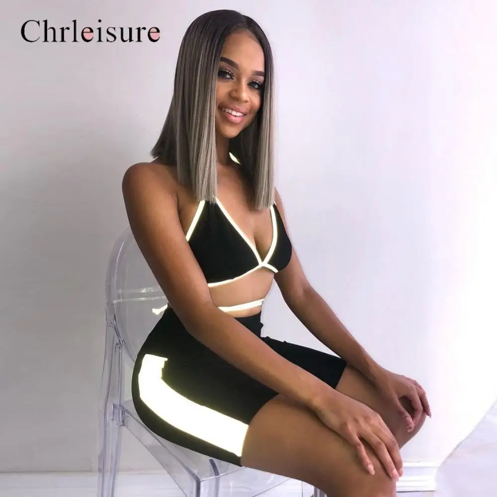Women Two Pieces Set Reflective Stripe Patchwork Women Suit Sexy V-neck Camisole Lace Up Crop Top Elastic High Waist Shorts Oufi
Women Two Pieces Set Reflective Stripe Patchwork Women Suit Sexy V-neck Camisole Lace Up Crop Top Elastic High Waist Shorts Oufi