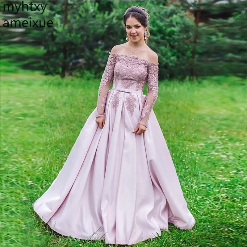 Custom Off The Shoulder Long Prom Dress With 2020 Sleeves Appliques Beading Pink Satin Cheap Vestido De Fiesta Graduacion Gowns
Custom Off The Shoulder Long Prom Dress With 2020 Sleeves Appliques Beading Pink Satin Cheap Vestido De Fiesta Graduacion Gowns