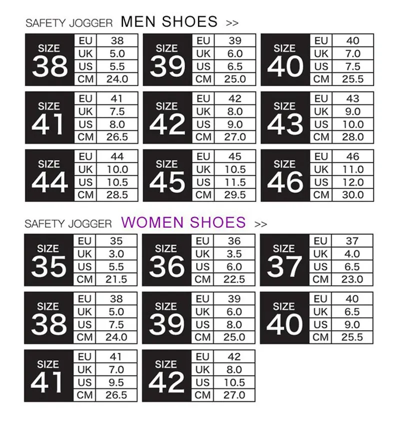 Safety Jogger Size Chart