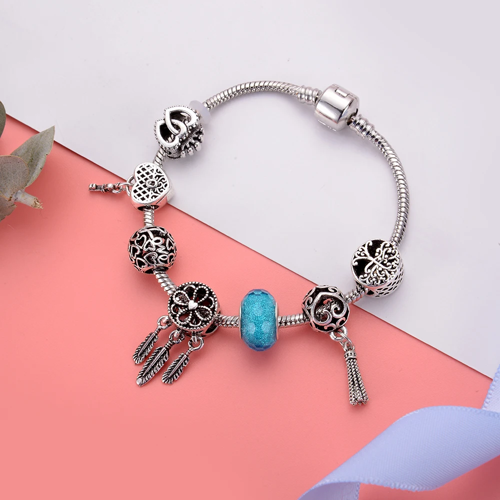 heart blue European beaded bracelets&bangles for women silver plated inital original women's bracelets hanging tassel | Украшения и