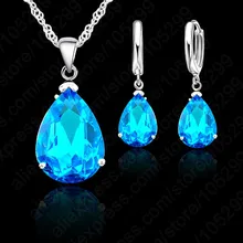 Élégant goutte d'eau femme fête mariage bijoux 925 en argent Sterling cubique Zircon mode boucle d'oreille collier ensemble 9 couleurs(China)