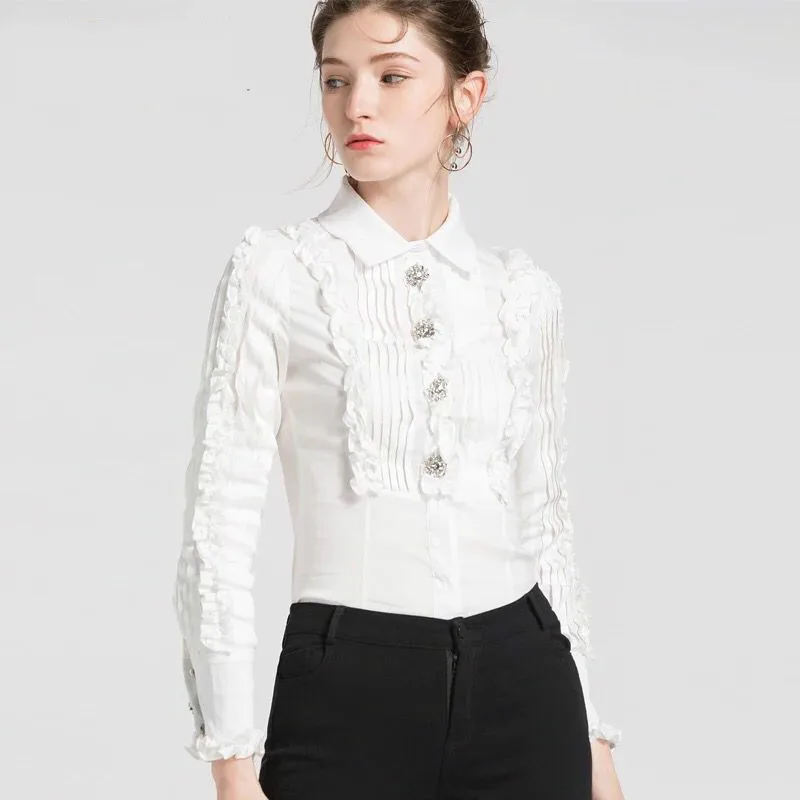 New High Quality Women Blouse Luxury Diamonds Buttons Ruffles Petal Sleeve Top Office Lady Formal Blusa 2018 Summer Shirt Camisa
New High Quality Women Blouse Luxury Diamonds Buttons Ruffles Petal Sleeve Top Office Lady Formal Blusa 2018 Summer Shirt Camisa