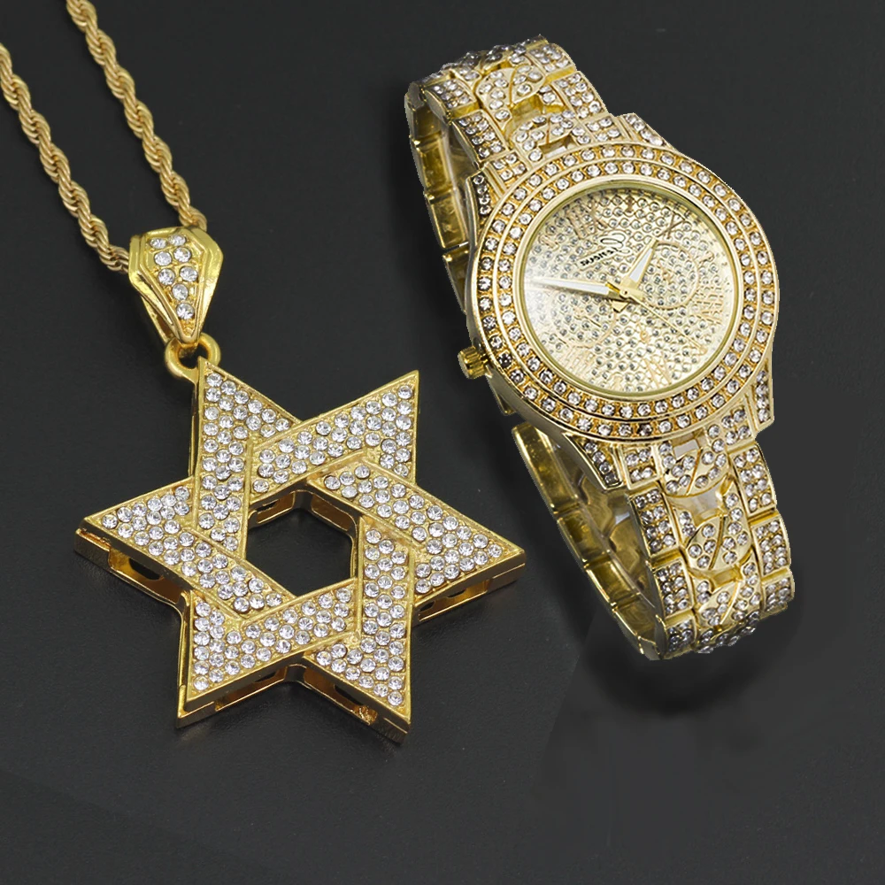 Мужские часы хип-хоп Full Iced Out Bling Rapper's Watch и CZ кристалл гексаграмма кулон