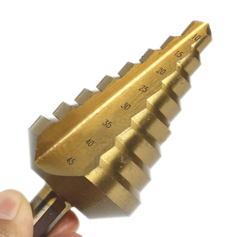 Golden 1pcs New HSS 10-45mm Titanium Large Step Cone Drill Bit Hole Triangle Shank Tool
Golden 1pcs New HSS 10-45mm Titanium Large Step Cone Drill Bit Hole Triangle Shank Tool