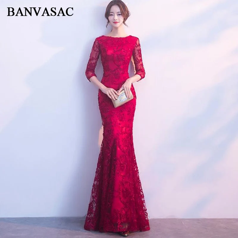 BANVASAC 2020 кружевные Длинные вечерние платья с круглым вырезом и аппликацией платье