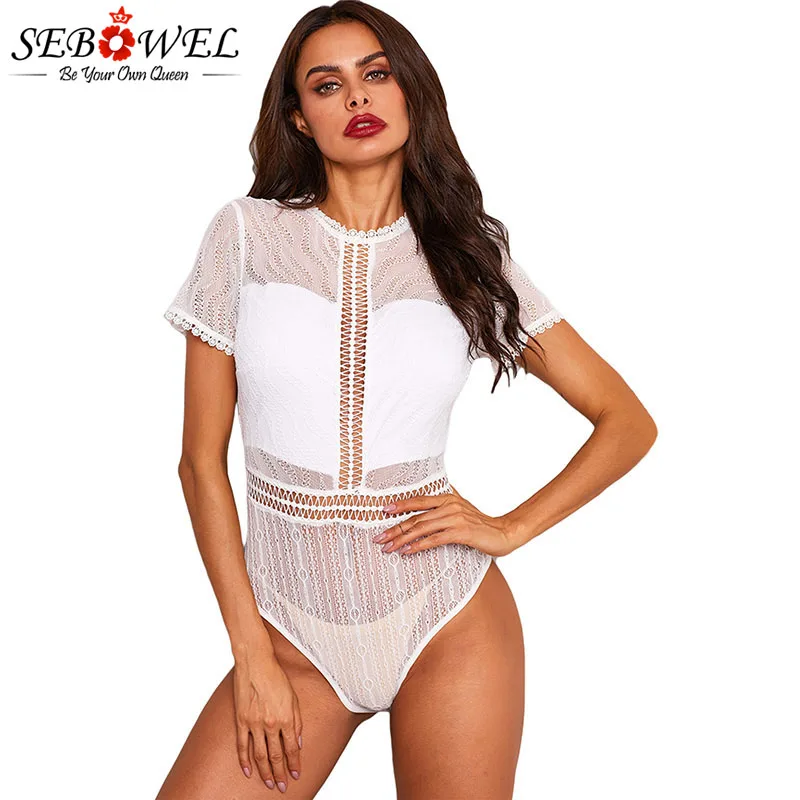SEBOWEL Black/White Short Sleeve Lace Bodysuits Woman Turtleneck Patchwork Hollow Out Summer Female Lady Sheer Body Top Clothes
SEBOWEL Black/White Short Sleeve Lace Bodysuits Woman Turtleneck Patchwork Hollow Out Summer Female Lady Sheer Body Top Clothes