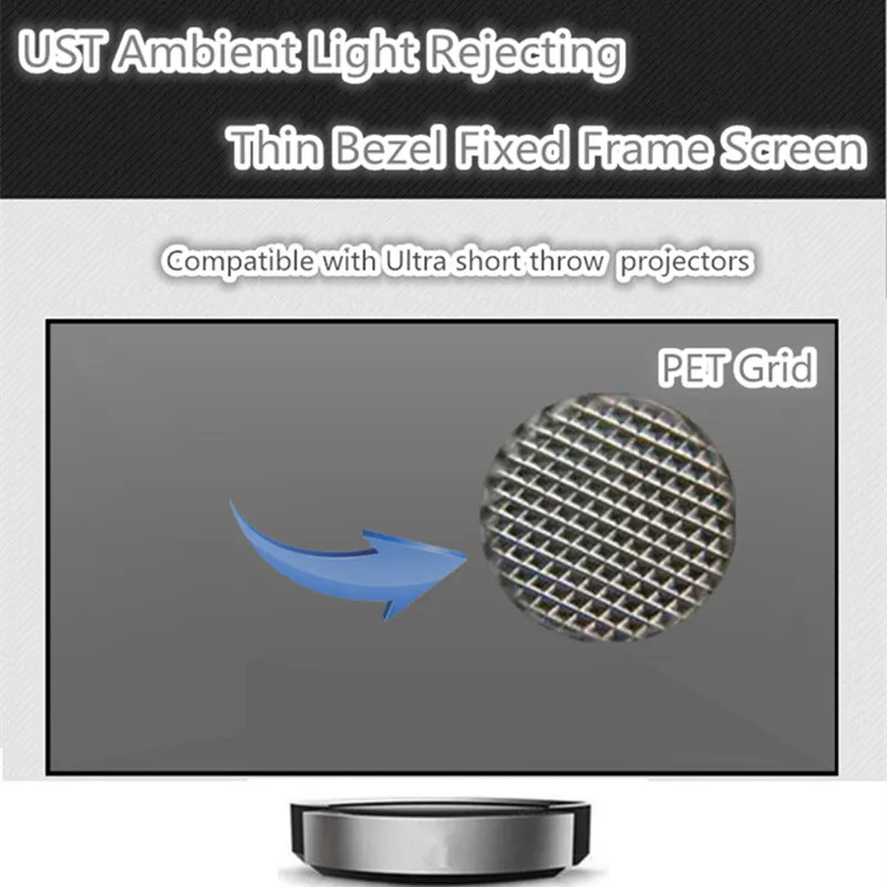 Slim bezel 16:9 HDTV fixed frame projection screens ambient light rejecting PET grid with physical anti-light
Slim bezel 16:9 HDTV fixed frame projection screens ambient light rejecting PET grid with physical anti-light