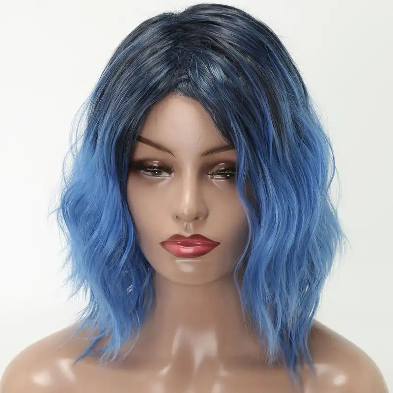 Lisi Hair 12 Inch Short Hair Wig For Woman Wavy Hair Synthetic Wigs High Temperature Fiber Wigs Black Ombre Blue Cosplay