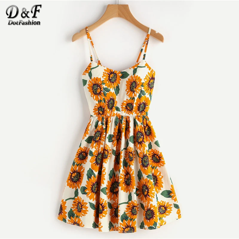

Dotfashion Random Sunflower Print Crisscross Back A Line Cami Dress Summer Spaghetti Strap Dress High Waist Sleeveless Dress