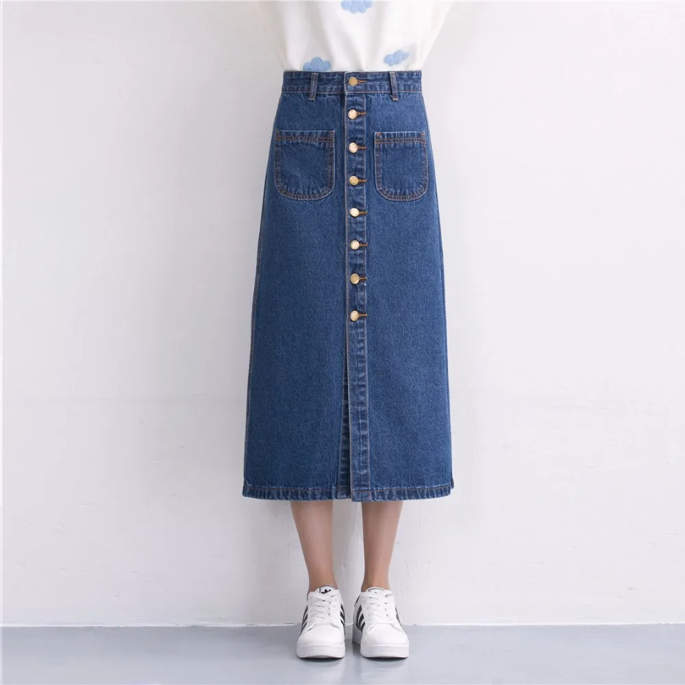 Image 2017 Fashion Women Denim Skirts Long Skirt High Waist Jeans Skirts Jeans Feminina Casual A Line Skirt