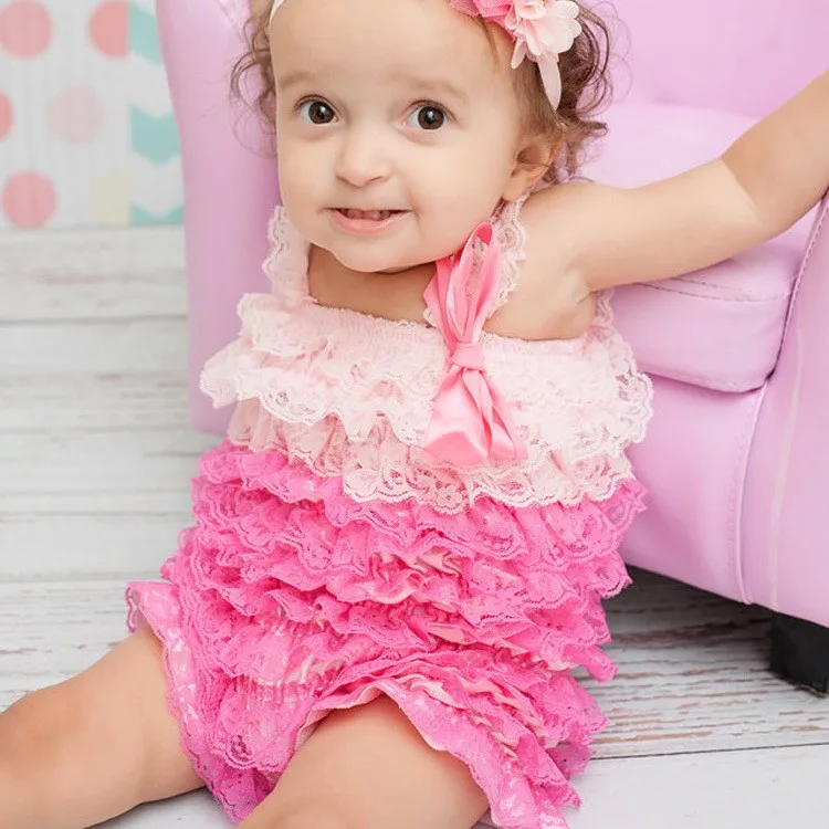 

Cute Retail Baby Two-toned Lace Ruffles Romper Infant Girls Posh Petti Romper with Straps and Ribbon Bow Newborn Cotton Jumpsuit