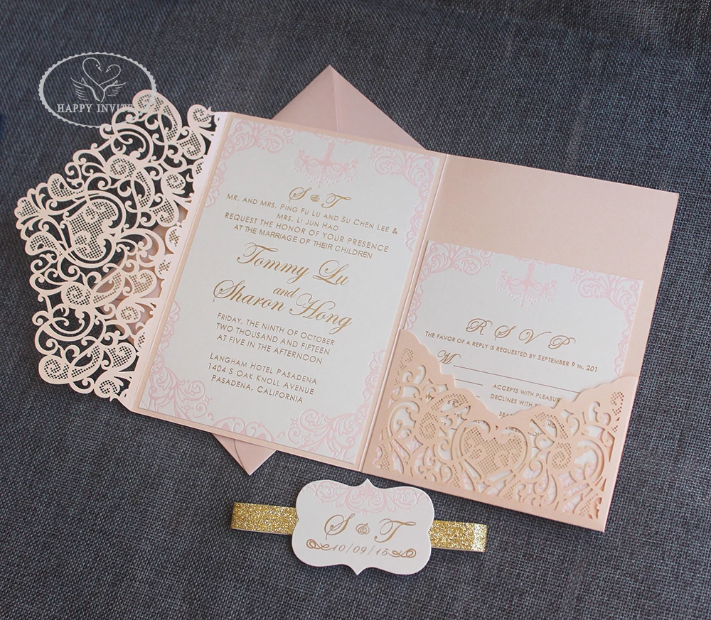 HI3047-06 Custom Pink Pocket Fold Wedding Invitation Card with Gold Foil Made in China