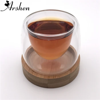 

Arshen 1 Set 80ml Double Wall Insulated Cup with Bamboo Coasters Handmade Heat Resistant Tea Drink Healthy Coffee Cups