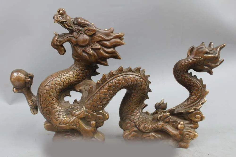 11" China Feng Shui Bronze Chinese Zodiac Year Animal Dragon Play Bead Statue