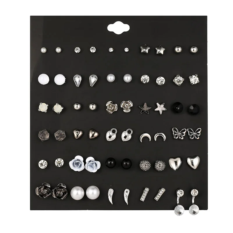 

30 pairs/set new silver angel wings moon star heart stud earrings set for women luxury crystal simulated pearl ear jewelry gift