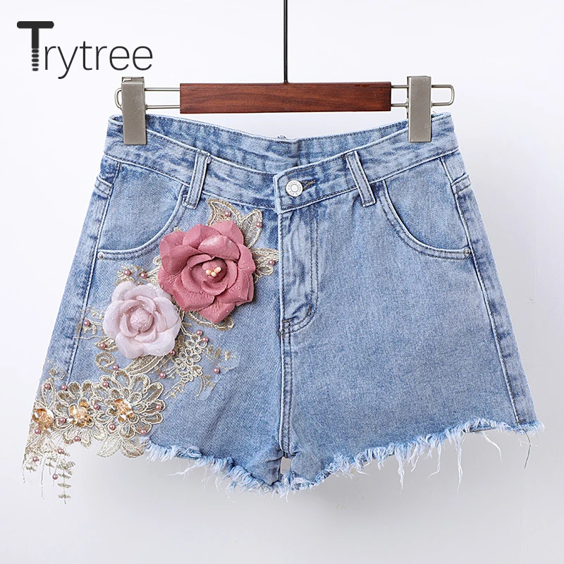 

Trytree Summer Jeans Women Casual Appliques Floral Embroidery Pearls Denim Shorts Button Fly Zip Pockets Tassels Shorts Jeans