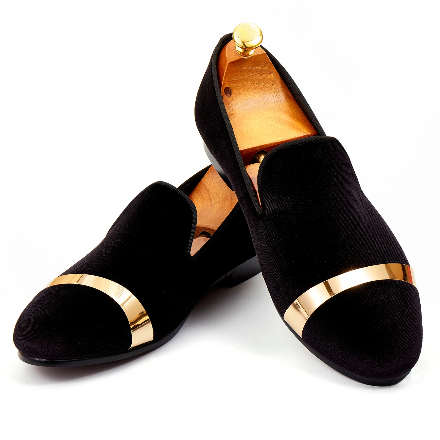High Quality Black And Gold Dress Shoes For Mens-Buy Cheap Black Harpelunde Slip On Men Dress Shoes Black Velvet Loafers With Gold Plate Handmade Flat Shoes Size - High Quality Black And Gold Dress Shoes For Mens-Buy Cheap Black