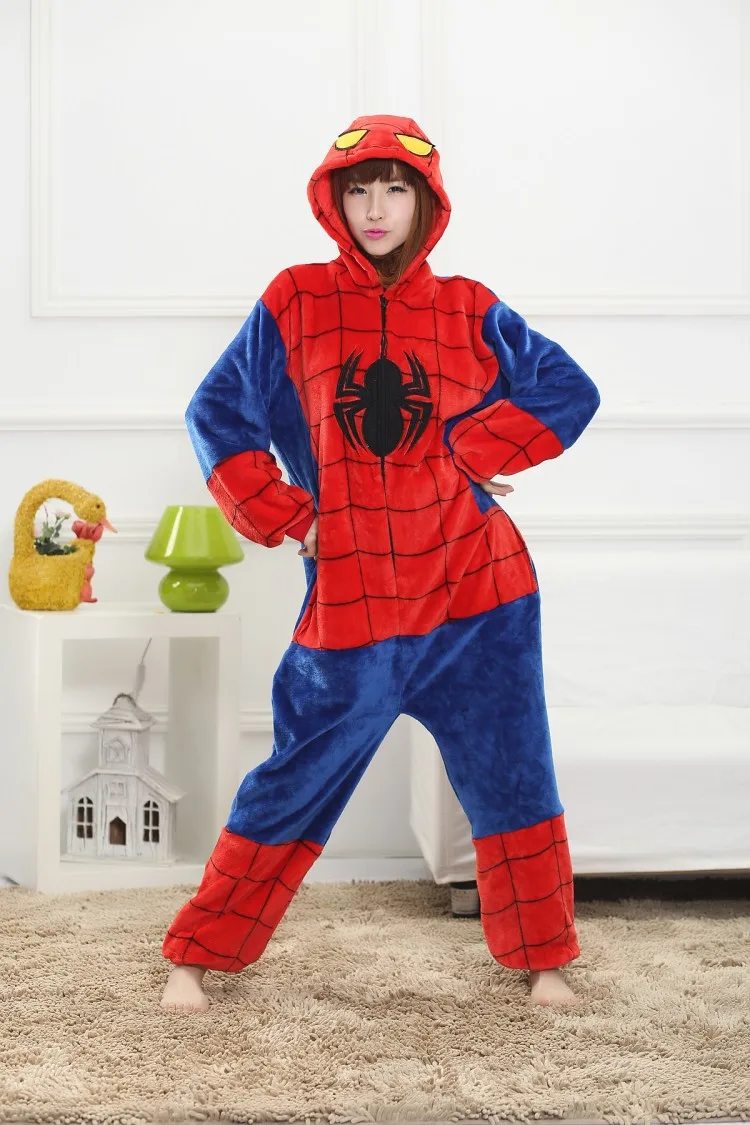 

Unisex Spiderman Onesies Adults Pajamas Flannel Hooded Cosplay Cartoon Costums Animal Pyjamas For Women Men
