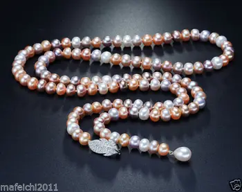 

BEAUTIFUL 90cm 8-9MM AAA Akoya White Pink Purple MIX PEARL NECKLACE silver CLASP