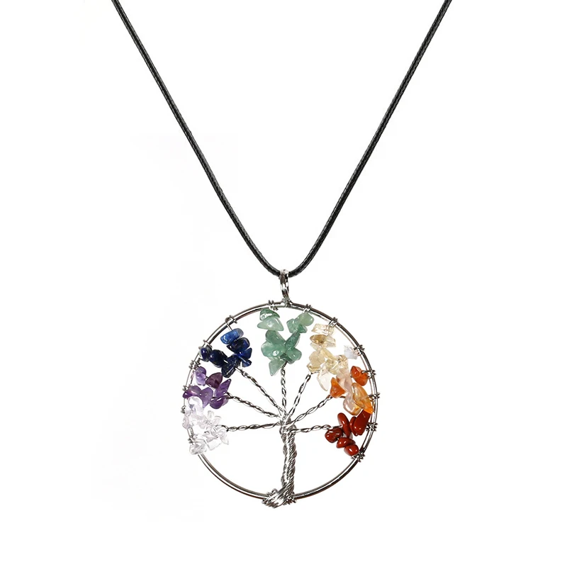 

New Rainbow 7 Chakra Amethyst Tree Of Life Quartz Pendant Necklace For Women Multicolor Wisdom Tree Natural Stone Jewelry Gift