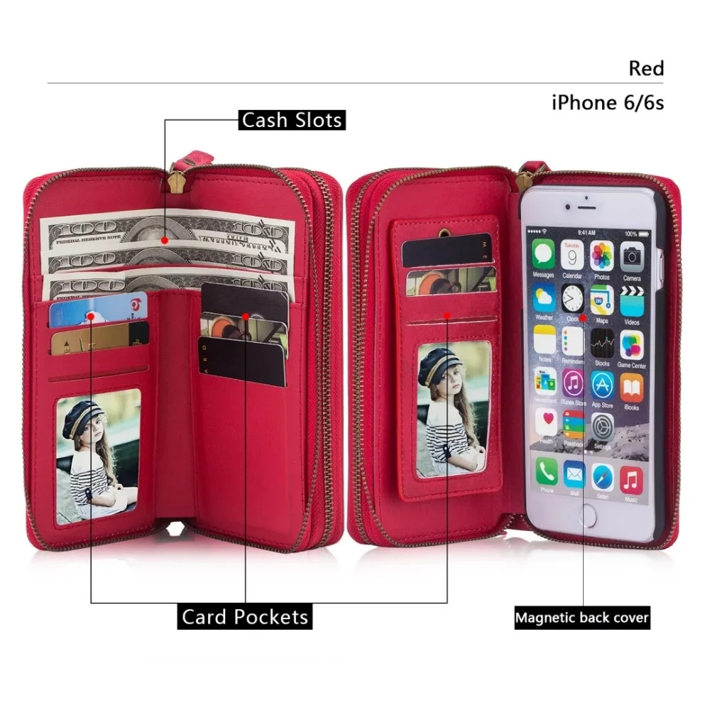 Image New Removable Vintage Leather Ultimate Wallet Phone Case In Pink Black Red Tan For iphone 6 6s 6Plus 7 7Plus Cover Card Package