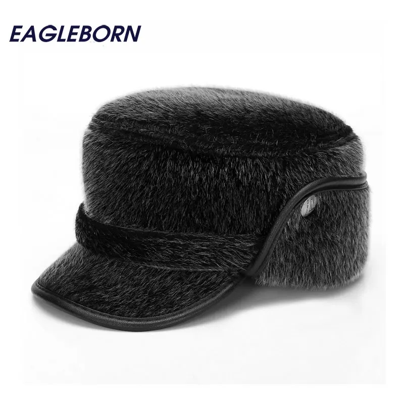 Image 2016 Thicken Men Flat Cap Men s Fur Military Hat with Earflaps Old Man High Quality Winter Warm Hat