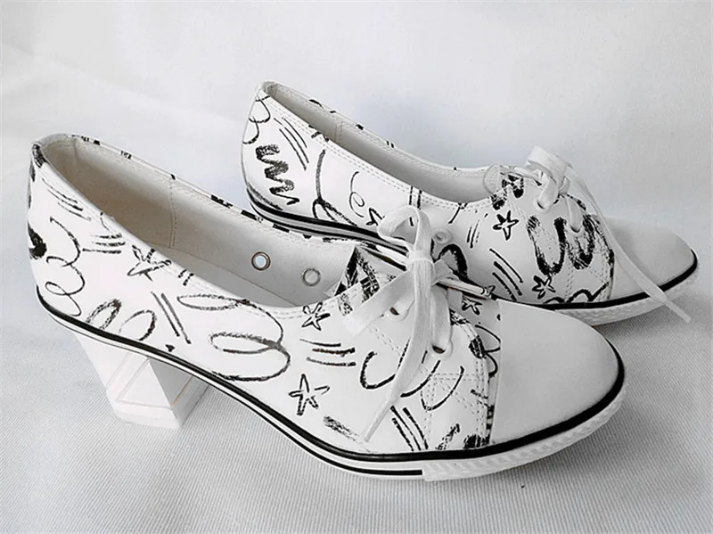 New Women Pumps Shoes Brand Designer Classic Casual Women Print 6CM8CM High-Heeled Shoes Lace-Up High Top Lady Shoes High Heels (18)