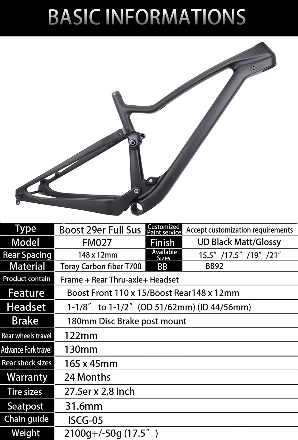 Sale Free shipping Full suspension frame 27.5er plus and 29er Boost carbon bike XC frame XS size with inner cables XS/S/M/L/XL 1
