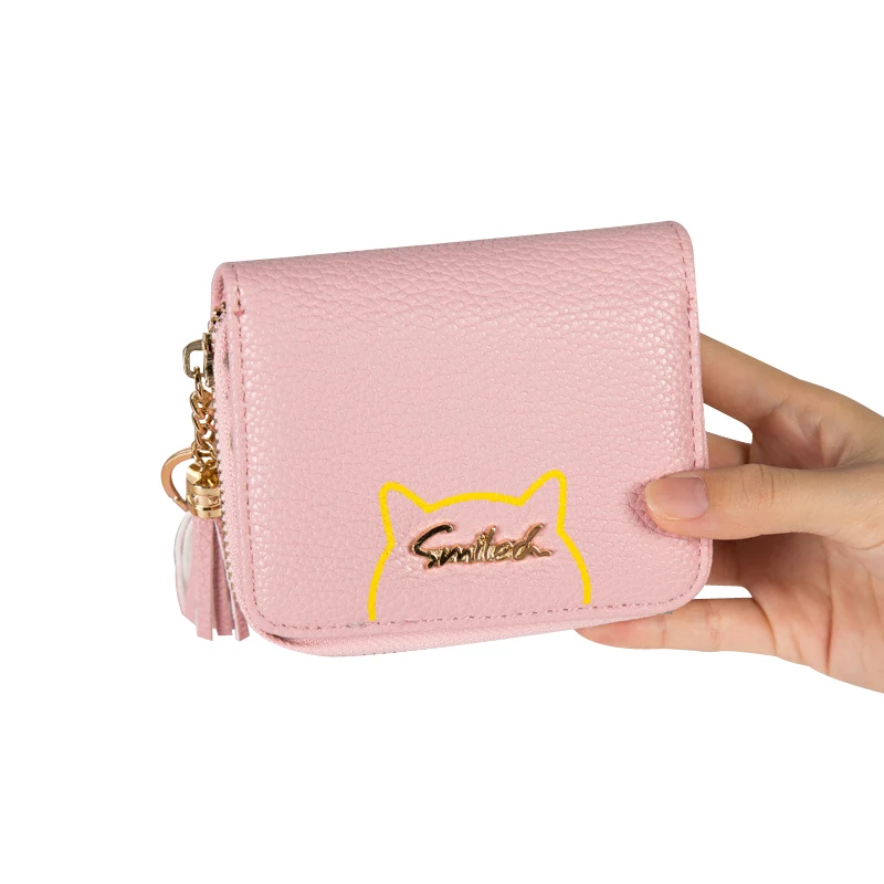 Женский кожаный кошелек Smile Cat Ear короткий с кисточками для монет женская сумка