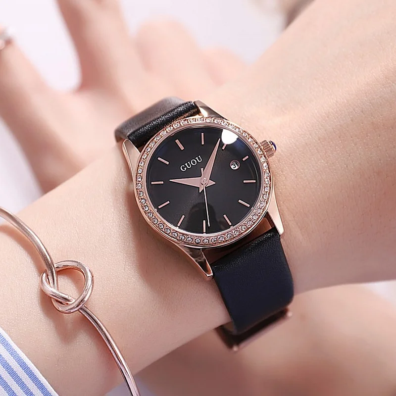 Fashion Rose Gold Diamond Case Black Dial Ladies Watch Personality Calendar Brown Leather Strap Quartz Women's Watch reloj mujer
Fashion Rose Gold Diamond Case Black Dial Ladies Watch Personality Calendar Brown Leather Strap Quartz Women's Watch reloj mujer