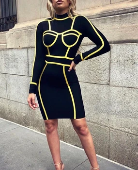 High Quality Black Yellow Line Long Sleeve Geometric Rayon Bandage Dress Club Party Bodycon Dress
High Quality Black Yellow Line Long Sleeve Geometric Rayon Bandage Dress Club Party Bodycon Dress