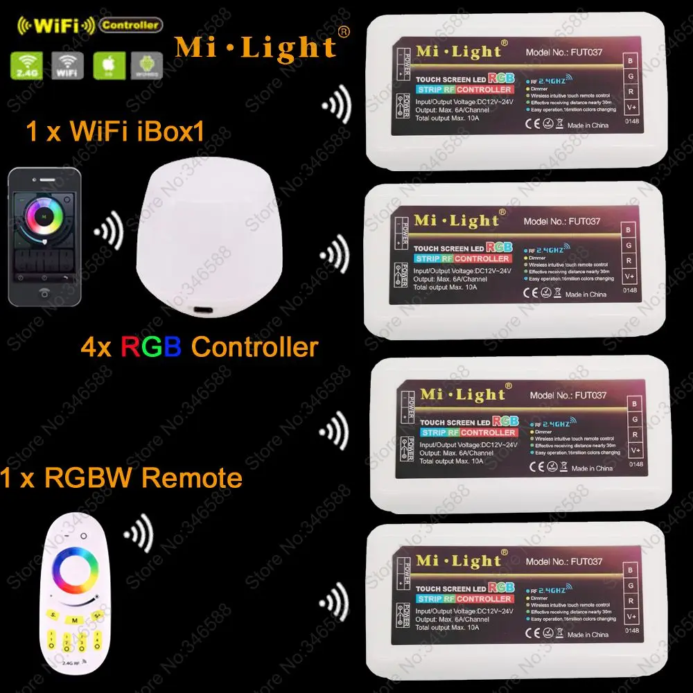 4x Mi.Light RGB LED Dimmer Controller DC12-24V 18A+ 2.4G 4-Zone RF Wireless Touch Remote + WiFi iBox1 for RGB LED Strip Light