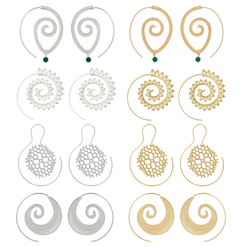 MJARTORIA 8pairs Boho Ethnic Spiral Drop Earrings For Women Bohemia Round Whirlpool Gear Alloy Jewelry Earing | Украшения и