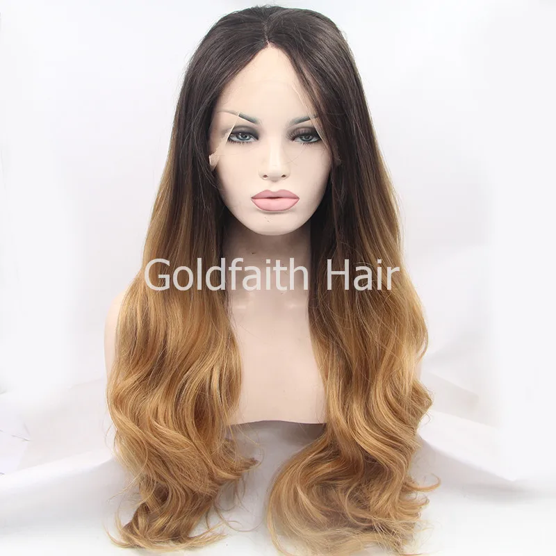 

SF5 Cheap Ombre Wig Brown Blond Two Tone Synthetic Hair Wig Wavy Kanekalon Natural Wig Ombre Lace Front Wig