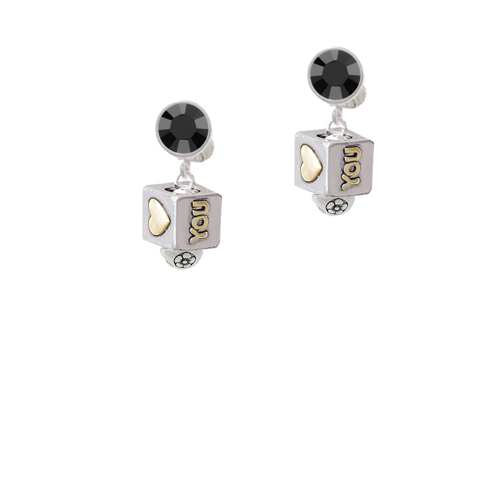Two Tone Love You Square Spinner Crystal Clip On Earrings (2)