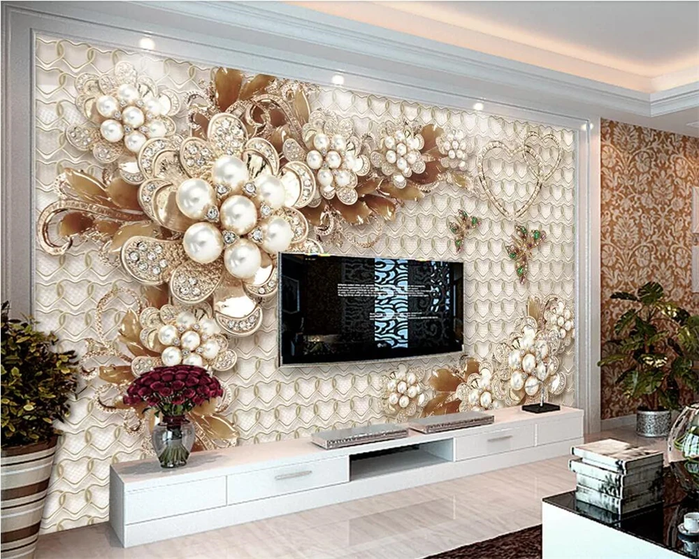 Фото Обои на заказ роскошные украшения цветы рельефные 3d обои для гостиной ТВ фон дома