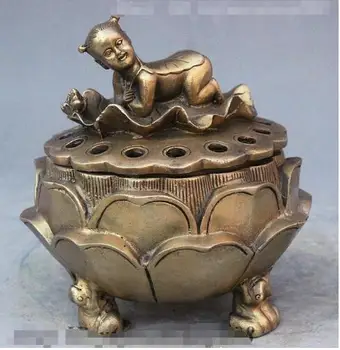 YM 306 Folk Chinese Pure Brass Boy Lotus Leaf Form 3 Frog Statue Incense Burner Censer
YM 306 Folk Chinese Pure Brass Boy Lotus Leaf Form 3 Frog Statue Incense Burner Censer