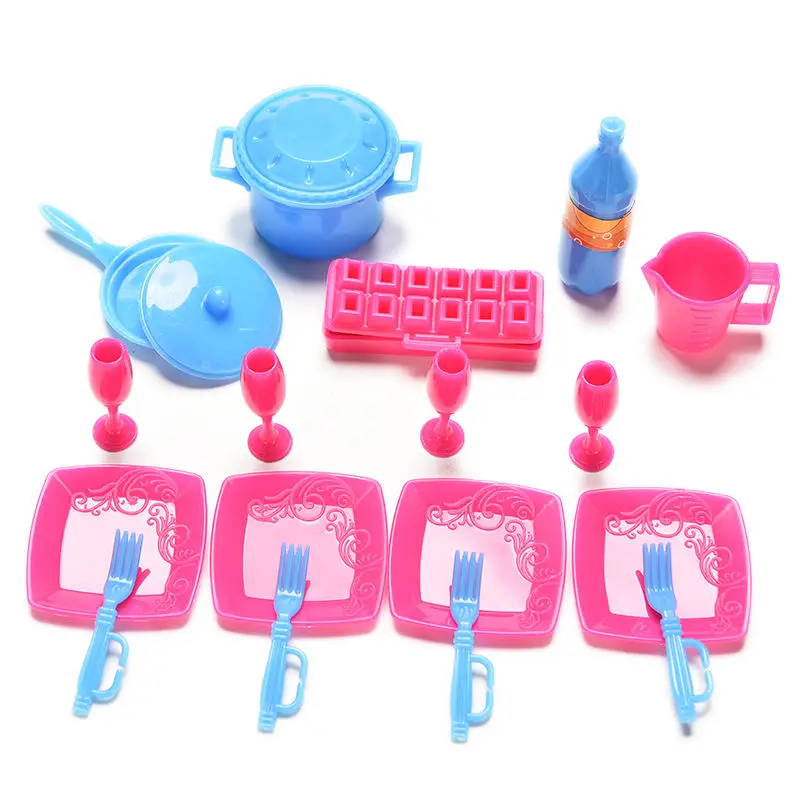 

18 Pcs/set Mini Plastic Simulation tableware Kitchen pots and pans dishes glasses cutlery for barbie doll Random Color