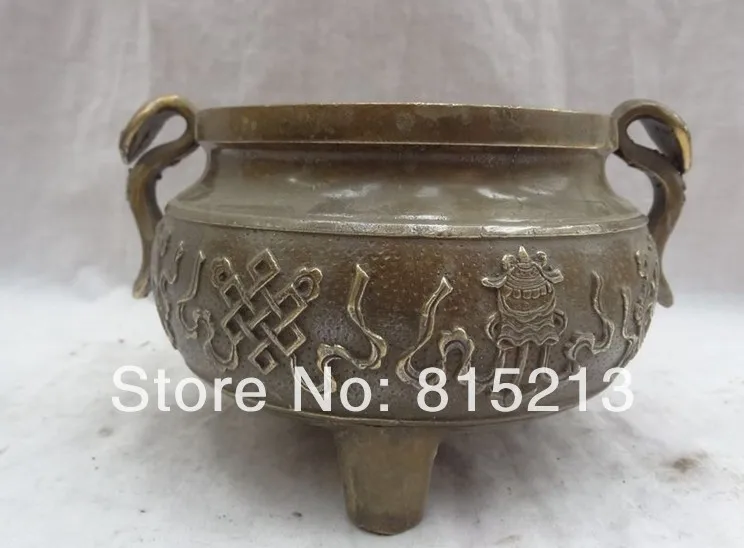 bi00662 Chinese Bronze Buddhism RuYi 8 Auspicious Symbol Statue Incense Burner Censer