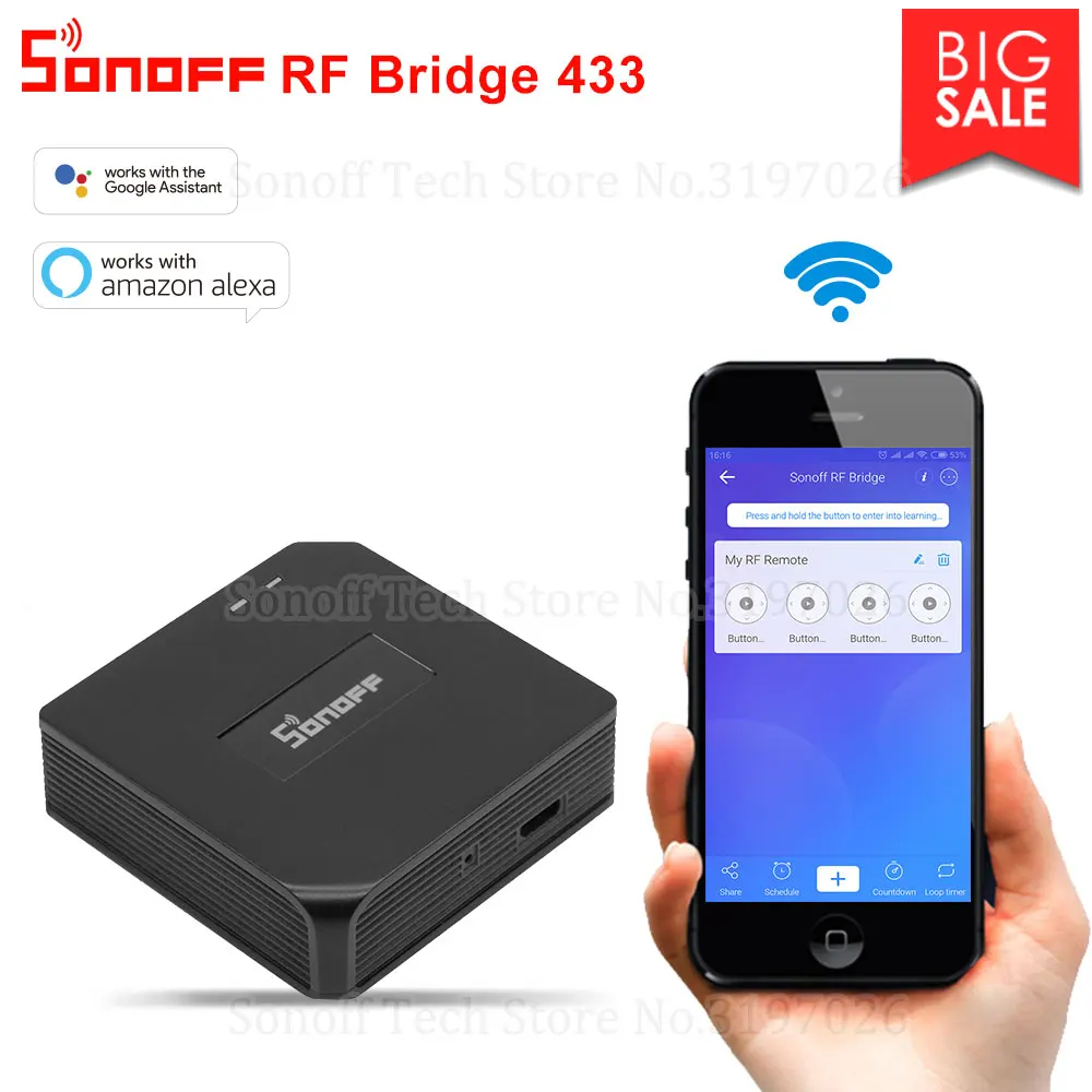 

Itead Sonoff RF Bridge Convert 433MHz Wireless Smart Home Automation Switch Works With PIR DW1 Alarm Sensor RF Remote Controller