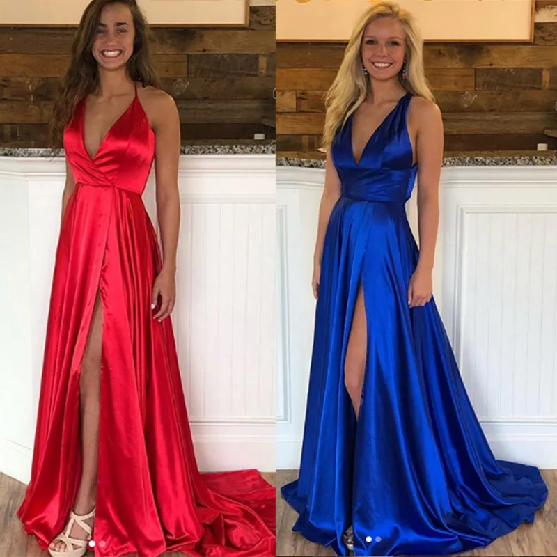 sexy high slit A line simple minimalist red deep v neck satin long prom dresses 2019 with sweep train | Свадьбы и торжества